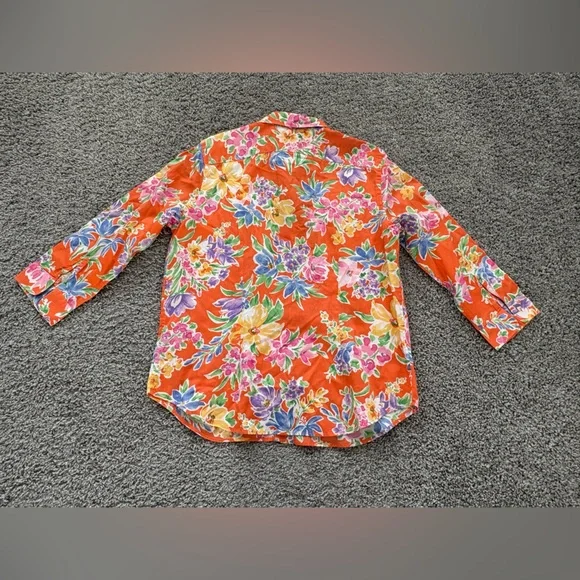 Ralph Lauren Orange tropical Floral 3/4 sleeve bottom up Shirt - Picture 4 of 7